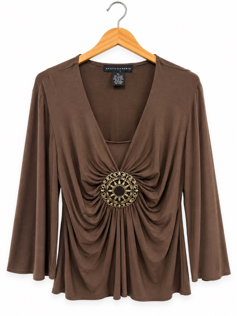 Grace Elements Brown Draped Medallion Tunic Top XL